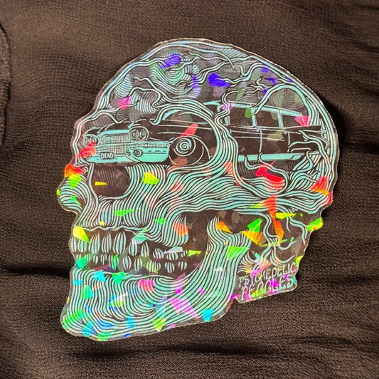 Shattered Glass Glow Holographic Hearse Skull Car Decal